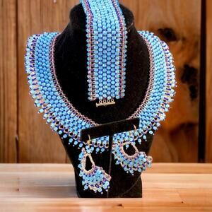 Handmade Cleopatra Style Beaded Parure Swarovski Crystal 4 Piece Jewelry Set
